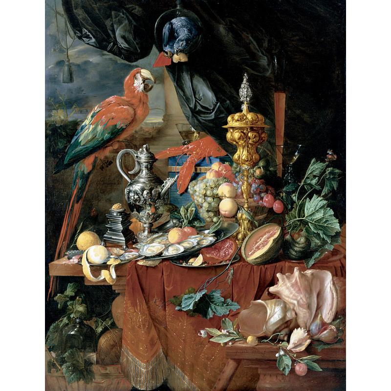 Still life of a banquet table with two parrots perched above