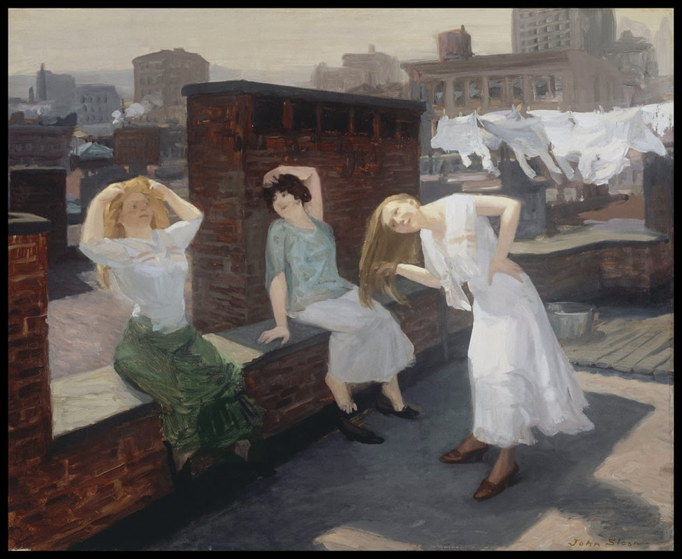 Three young women on a tenement rooftop drying their hair in the sun