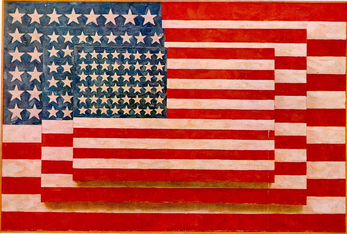 Painting of three American flags, one atop another